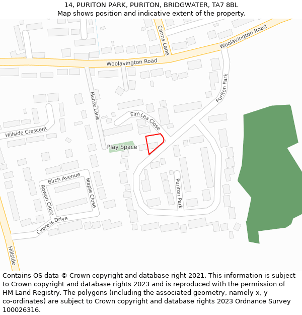 14, PURITON PARK, PURITON, BRIDGWATER, TA7 8BL: Location map and indicative extent of plot