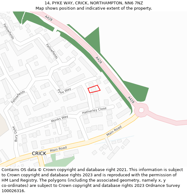 14, PYKE WAY, CRICK, NORTHAMPTON, NN6 7NZ: Location map and indicative extent of plot