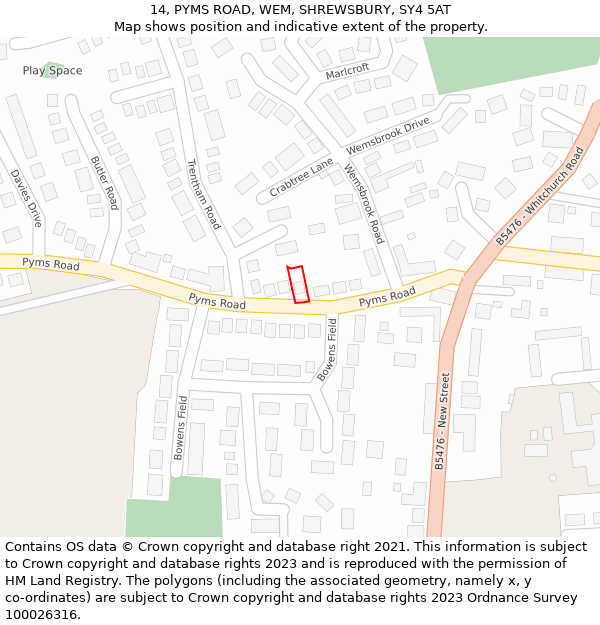 14, PYMS ROAD, WEM, SHREWSBURY, SY4 5AT: Location map and indicative extent of plot