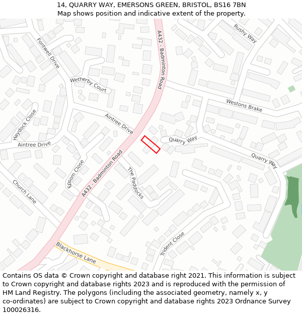 14, QUARRY WAY, EMERSONS GREEN, BRISTOL, BS16 7BN: Location map and indicative extent of plot