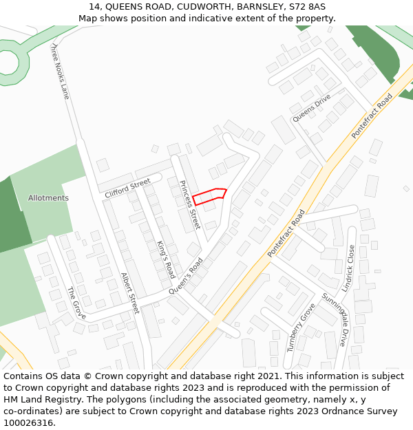 14, QUEENS ROAD, CUDWORTH, BARNSLEY, S72 8AS: Location map and indicative extent of plot