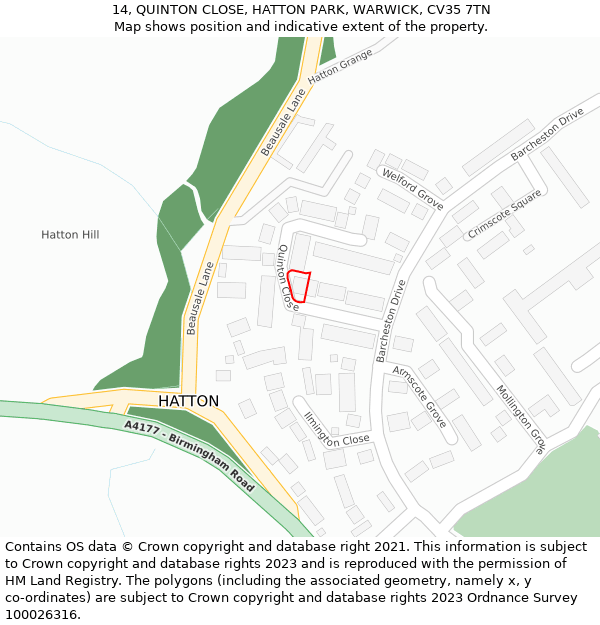 14, QUINTON CLOSE, HATTON PARK, WARWICK, CV35 7TN: Location map and indicative extent of plot