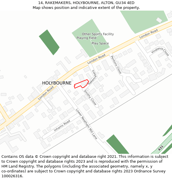 14, RAKEMAKERS, HOLYBOURNE, ALTON, GU34 4ED: Location map and indicative extent of plot