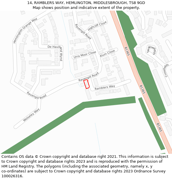 14, RAMBLERS WAY, HEMLINGTON, MIDDLESBROUGH, TS8 9GD: Location map and indicative extent of plot