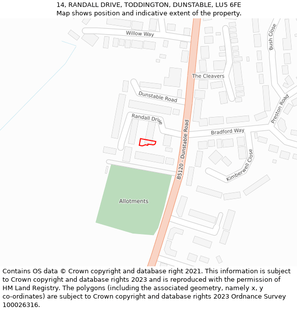 14, RANDALL DRIVE, TODDINGTON, DUNSTABLE, LU5 6FE: Location map and indicative extent of plot