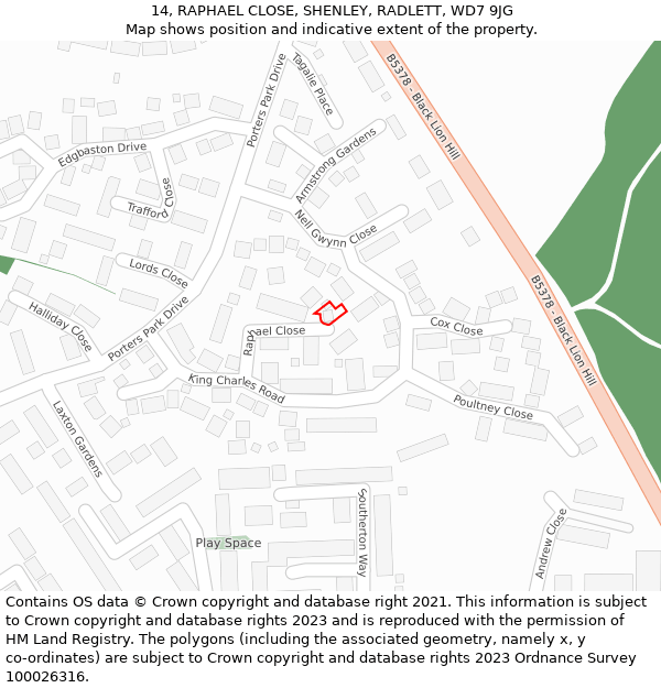 14, RAPHAEL CLOSE, SHENLEY, RADLETT, WD7 9JG: Location map and indicative extent of plot