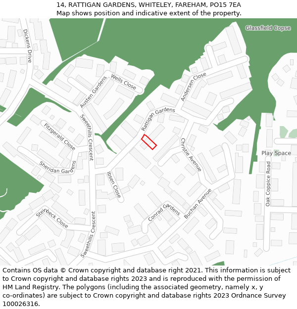 14, RATTIGAN GARDENS, WHITELEY, FAREHAM, PO15 7EA: Location map and indicative extent of plot