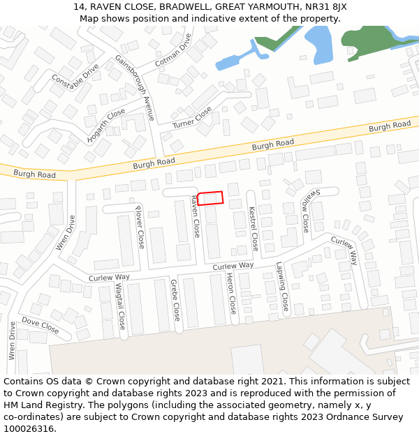 14, RAVEN CLOSE, BRADWELL, GREAT YARMOUTH, NR31 8JX: Location map and indicative extent of plot