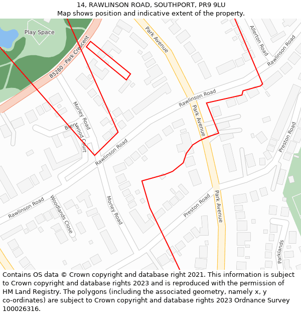 14, RAWLINSON ROAD, SOUTHPORT, PR9 9LU: Location map and indicative extent of plot