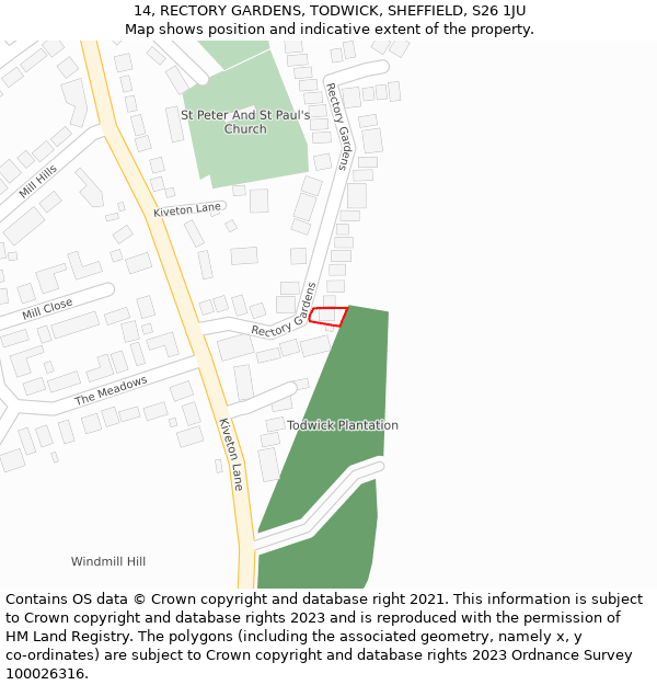 14, RECTORY GARDENS, TODWICK, SHEFFIELD, S26 1JU: Location map and indicative extent of plot