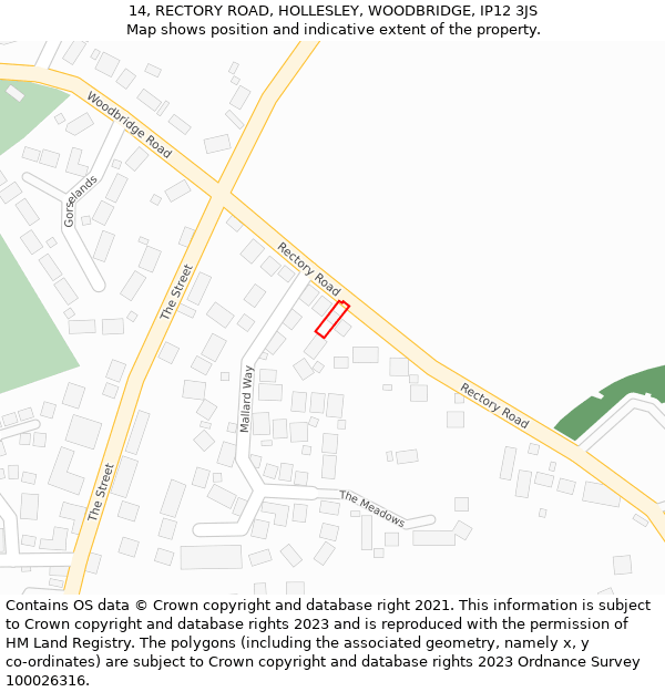 14, RECTORY ROAD, HOLLESLEY, WOODBRIDGE, IP12 3JS: Location map and indicative extent of plot