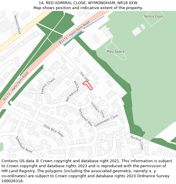 14, RED ADMIRAL CLOSE, WYMONDHAM, NR18 0XW: Location map and indicative extent of plot