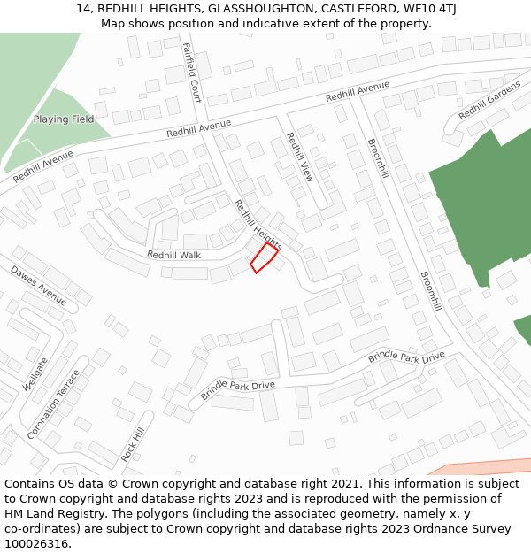 14, REDHILL HEIGHTS, GLASSHOUGHTON, CASTLEFORD, WF10 4TJ: Location map and indicative extent of plot