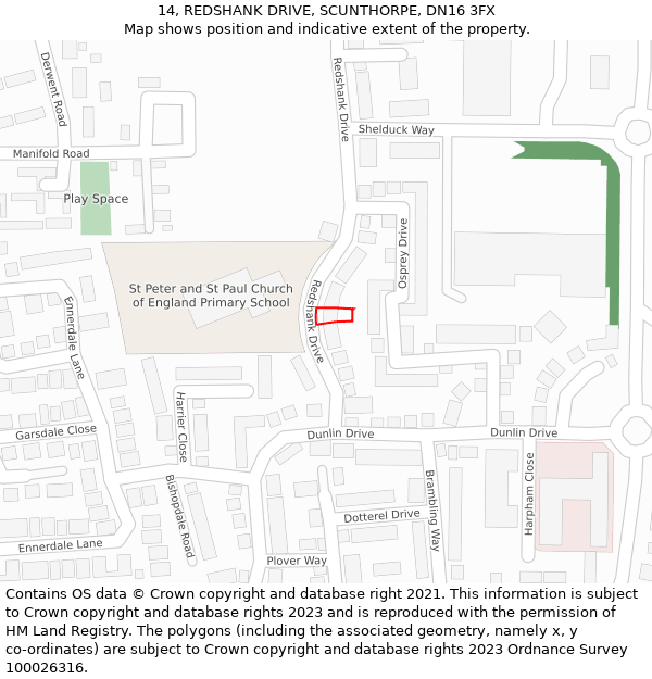 14, REDSHANK DRIVE, SCUNTHORPE, DN16 3FX: Location map and indicative extent of plot