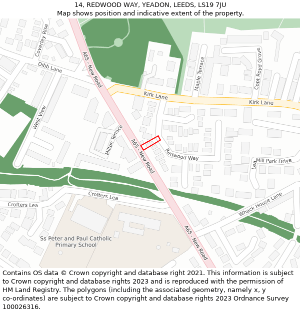 14, REDWOOD WAY, YEADON, LEEDS, LS19 7JU: Location map and indicative extent of plot