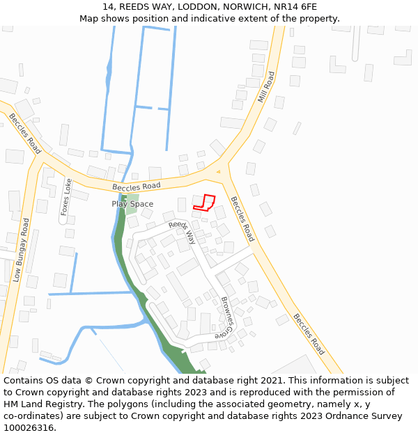 14, REEDS WAY, LODDON, NORWICH, NR14 6FE: Location map and indicative extent of plot