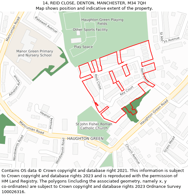 14, REID CLOSE, DENTON, MANCHESTER, M34 7QH: Location map and indicative extent of plot