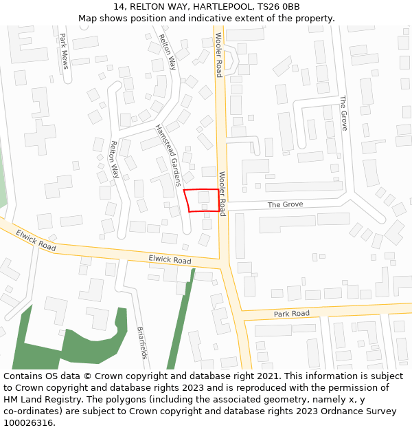 14, RELTON WAY, HARTLEPOOL, TS26 0BB: Location map and indicative extent of plot