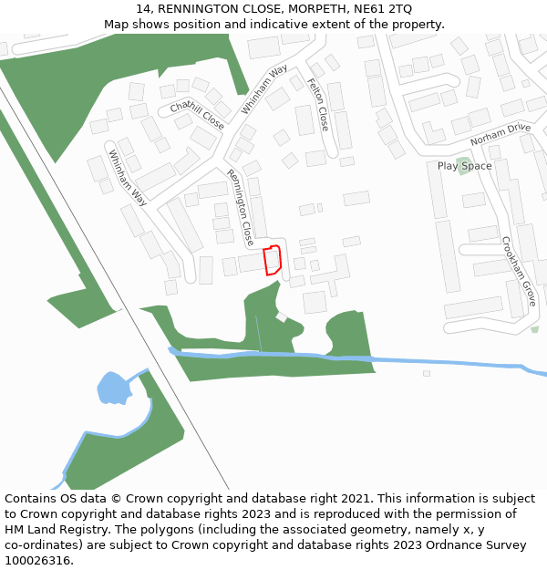 14, RENNINGTON CLOSE, MORPETH, NE61 2TQ: Location map and indicative extent of plot