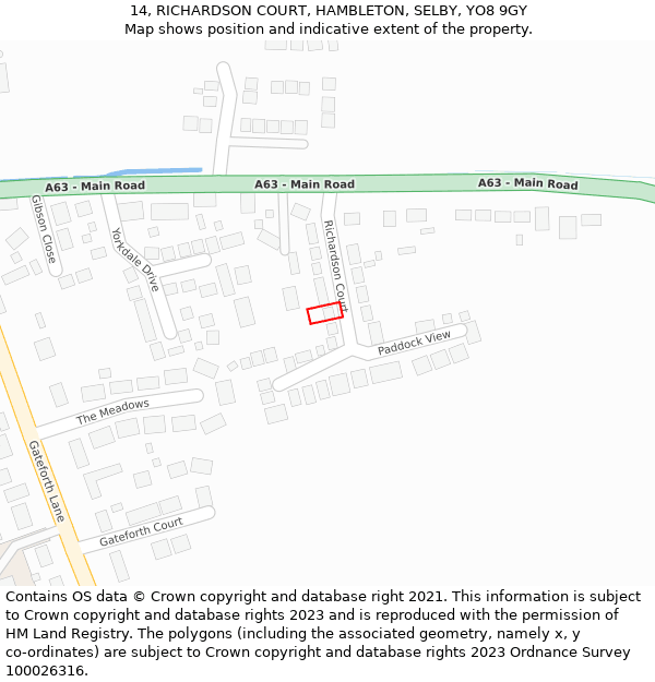 14, RICHARDSON COURT, HAMBLETON, SELBY, YO8 9GY: Location map and indicative extent of plot