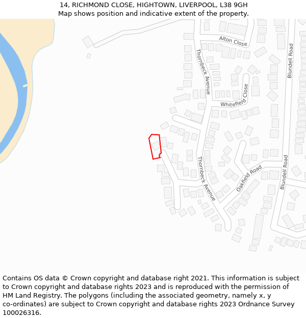 14, RICHMOND CLOSE, HIGHTOWN, LIVERPOOL, L38 9GH: Location map and indicative extent of plot