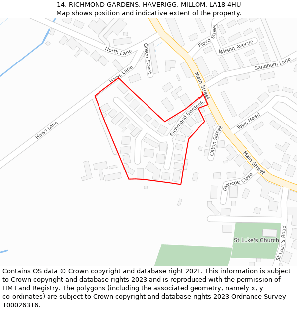14, RICHMOND GARDENS, HAVERIGG, MILLOM, LA18 4HU: Location map and indicative extent of plot