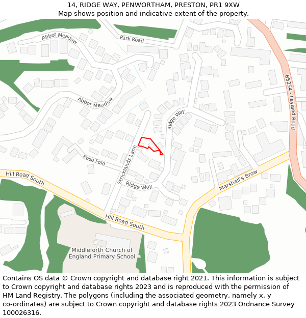 14, RIDGE WAY, PENWORTHAM, PRESTON, PR1 9XW: Location map and indicative extent of plot