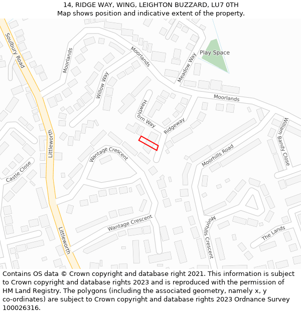 14, RIDGE WAY, WING, LEIGHTON BUZZARD, LU7 0TH: Location map and indicative extent of plot