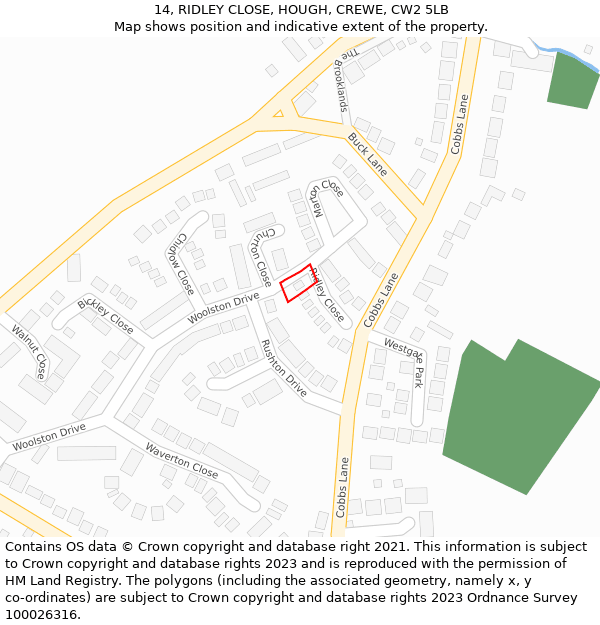 14, RIDLEY CLOSE, HOUGH, CREWE, CW2 5LB: Location map and indicative extent of plot