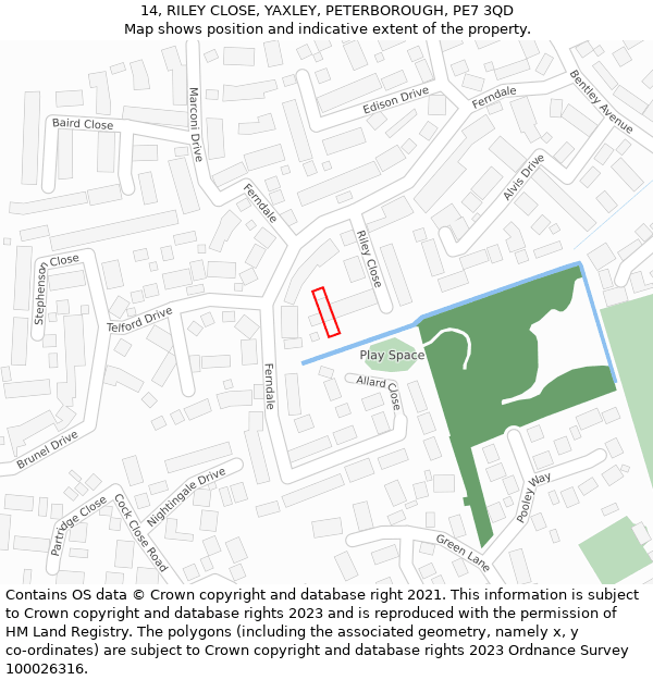 14, RILEY CLOSE, YAXLEY, PETERBOROUGH, PE7 3QD: Location map and indicative extent of plot