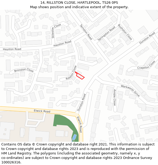 14, RILLSTON CLOSE, HARTLEPOOL, TS26 0PS: Location map and indicative extent of plot