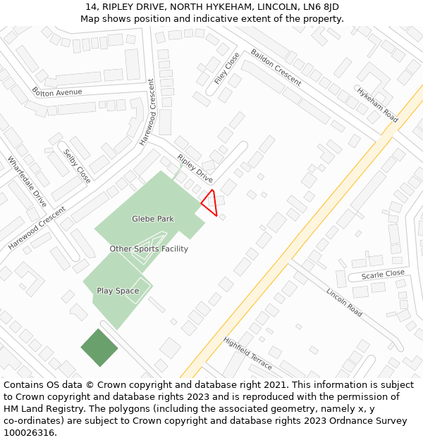 14, RIPLEY DRIVE, NORTH HYKEHAM, LINCOLN, LN6 8JD: Location map and indicative extent of plot