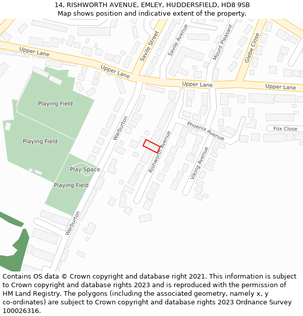 14, RISHWORTH AVENUE, EMLEY, HUDDERSFIELD, HD8 9SB: Location map and indicative extent of plot