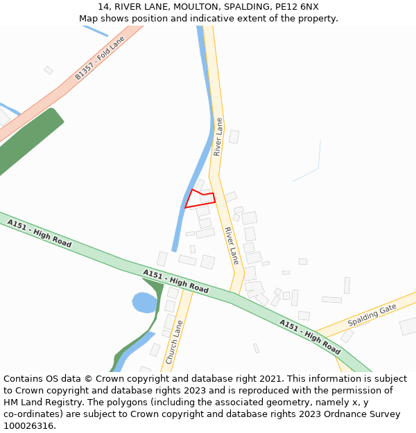 14, RIVER LANE, MOULTON, SPALDING, PE12 6NX: Location map and indicative extent of plot