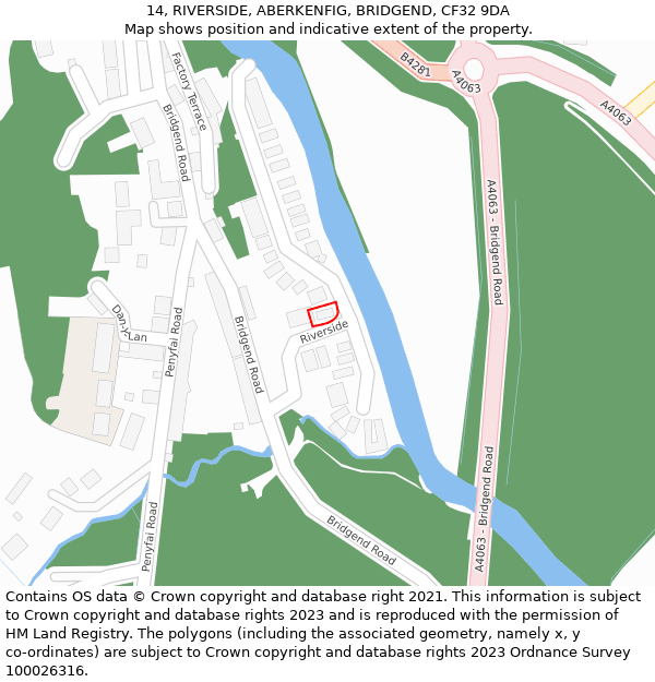 14, RIVERSIDE, ABERKENFIG, BRIDGEND, CF32 9DA: Location map and indicative extent of plot