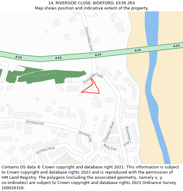 14, RIVERSIDE CLOSE, BIDEFORD, EX39 2RX: Location map and indicative extent of plot