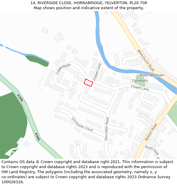 14, RIVERSIDE CLOSE, HORRABRIDGE, YELVERTON, PL20 7SR: Location map and indicative extent of plot