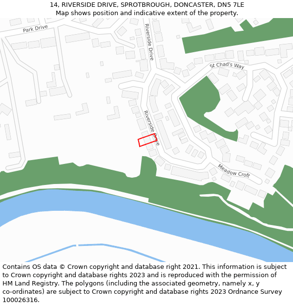 14, RIVERSIDE DRIVE, SPROTBROUGH, DONCASTER, DN5 7LE: Location map and indicative extent of plot