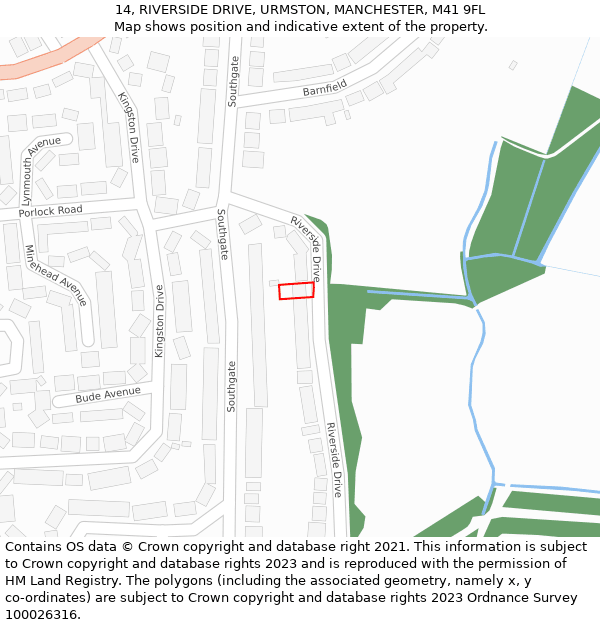 14, RIVERSIDE DRIVE, URMSTON, MANCHESTER, M41 9FL: Location map and indicative extent of plot