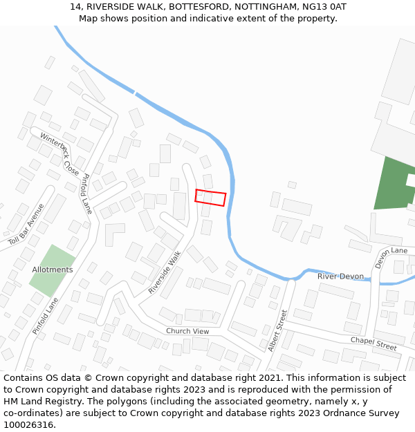 14, RIVERSIDE WALK, BOTTESFORD, NOTTINGHAM, NG13 0AT: Location map and indicative extent of plot