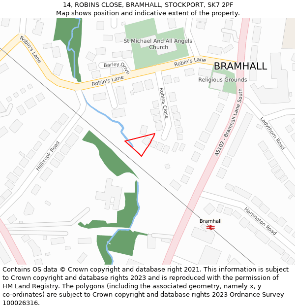 14, ROBINS CLOSE, BRAMHALL, STOCKPORT, SK7 2PF: Location map and indicative extent of plot