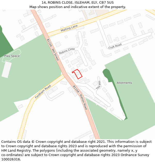 14, ROBINS CLOSE, ISLEHAM, ELY, CB7 5US: Location map and indicative extent of plot