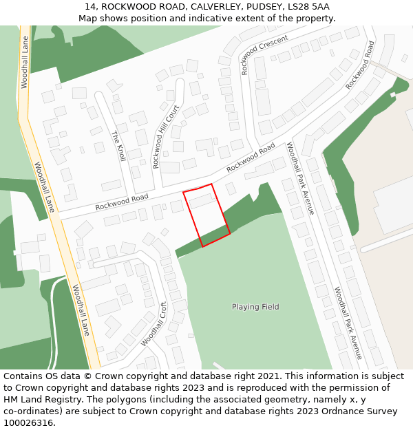 14, ROCKWOOD ROAD, CALVERLEY, PUDSEY, LS28 5AA: Location map and indicative extent of plot