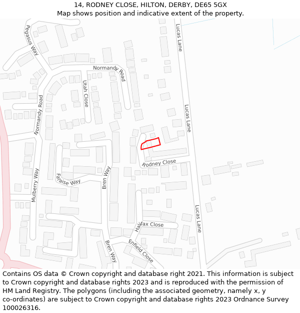 14, RODNEY CLOSE, HILTON, DERBY, DE65 5GX: Location map and indicative extent of plot