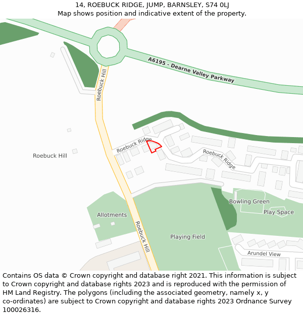 14, ROEBUCK RIDGE, JUMP, BARNSLEY, S74 0LJ: Location map and indicative extent of plot