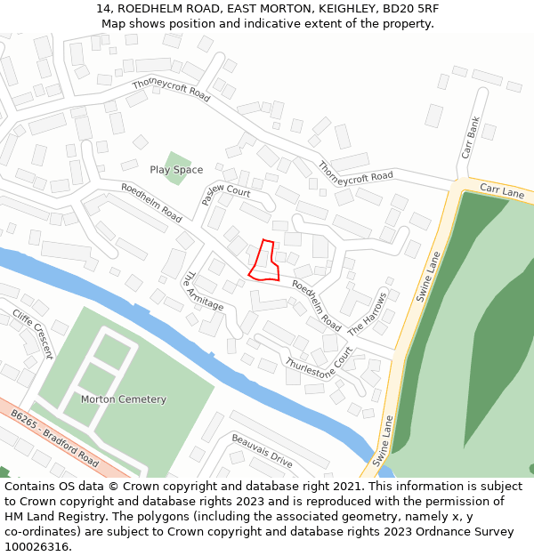 14, ROEDHELM ROAD, EAST MORTON, KEIGHLEY, BD20 5RF: Location map and indicative extent of plot