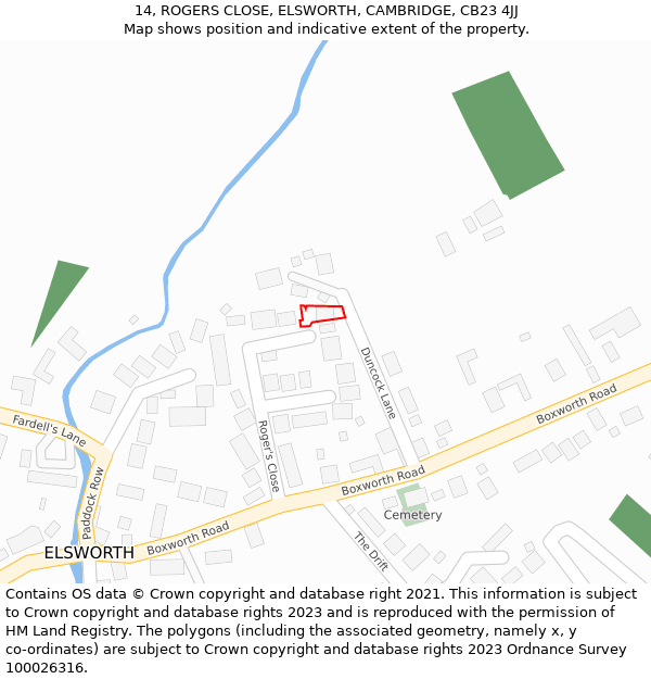 14, ROGERS CLOSE, ELSWORTH, CAMBRIDGE, CB23 4JJ: Location map and indicative extent of plot