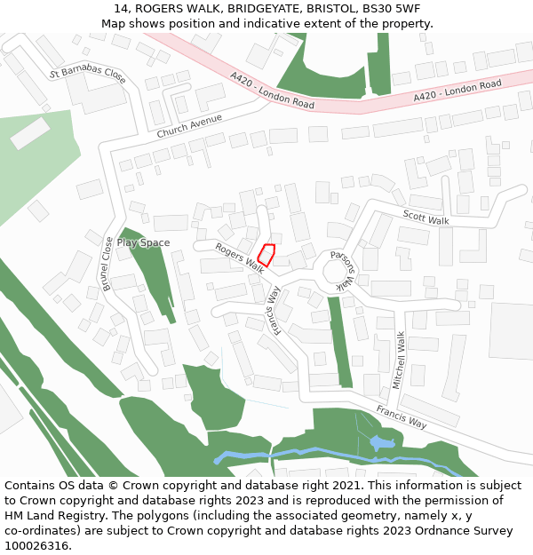 14, ROGERS WALK, BRIDGEYATE, BRISTOL, BS30 5WF: Location map and indicative extent of plot