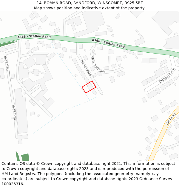 14, ROMAN ROAD, SANDFORD, WINSCOMBE, BS25 5RE: Location map and indicative extent of plot