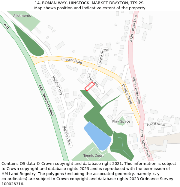 14, ROMAN WAY, HINSTOCK, MARKET DRAYTON, TF9 2SL: Location map and indicative extent of plot